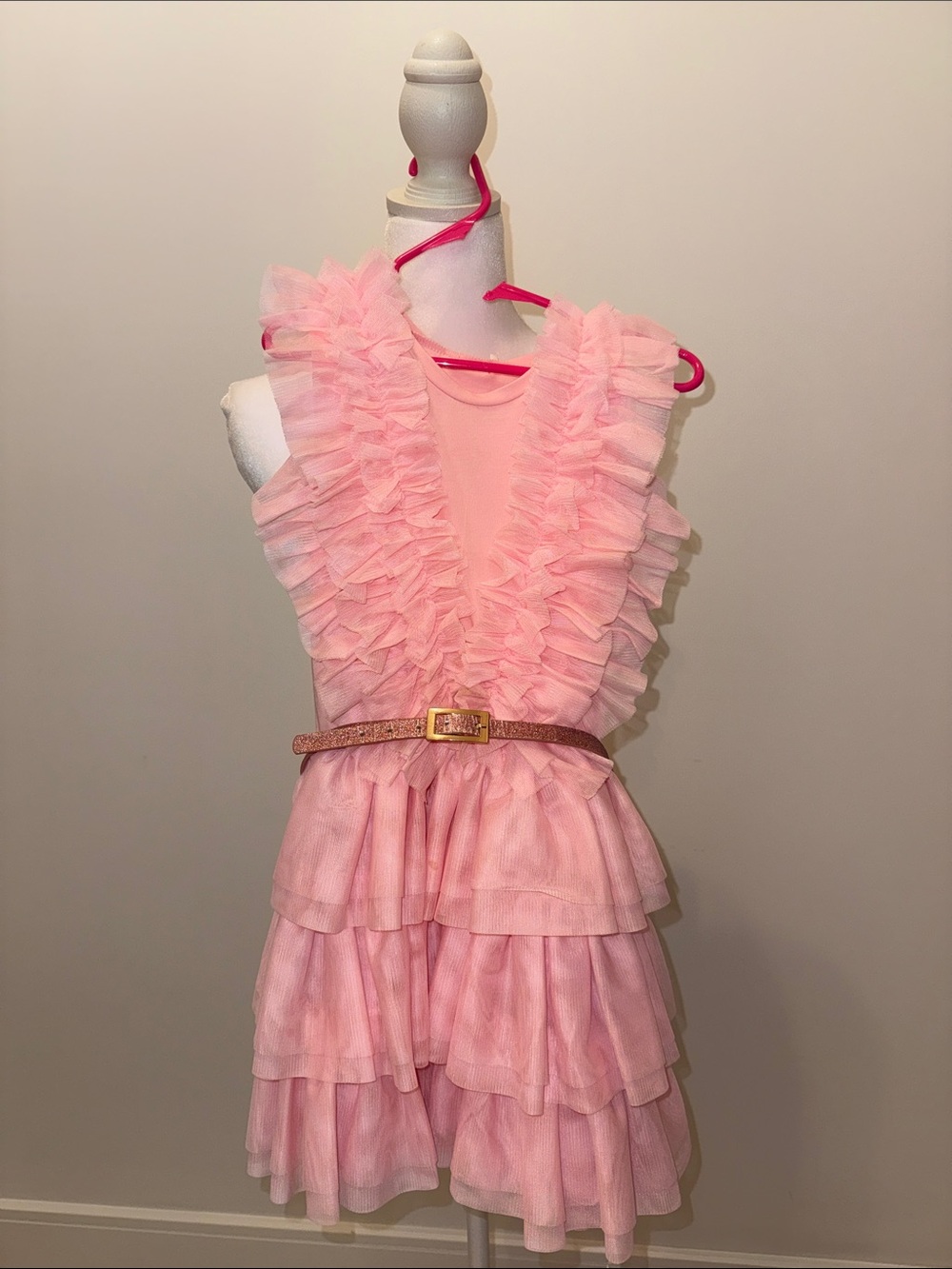 Liu Jo Pink Ruffled Tiered Tulle Dress with Gold Belt